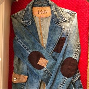 Vintage Distressed Denim Jacket with Elbow Patches